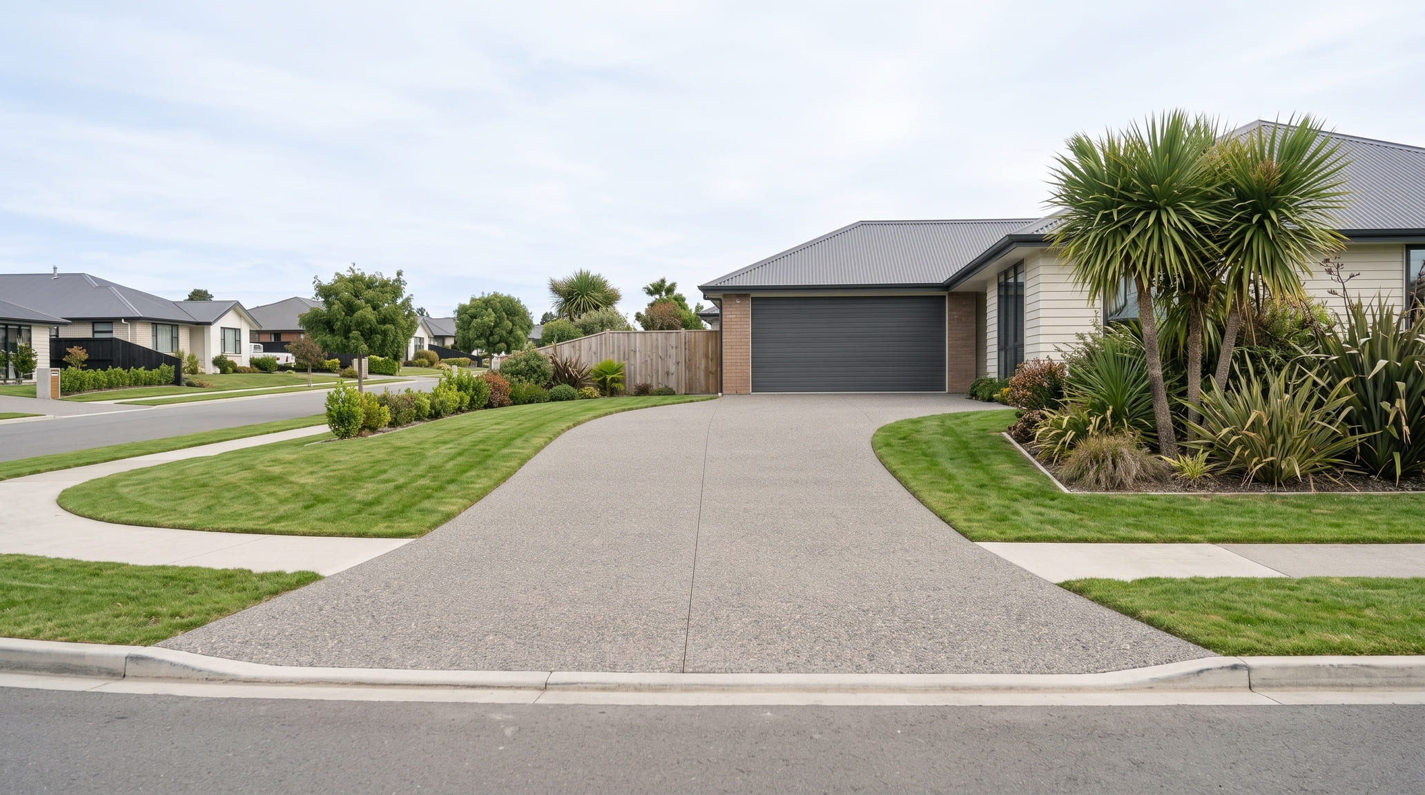 Exposed aggregate concrete driveway at a Tauranga home seen from the street