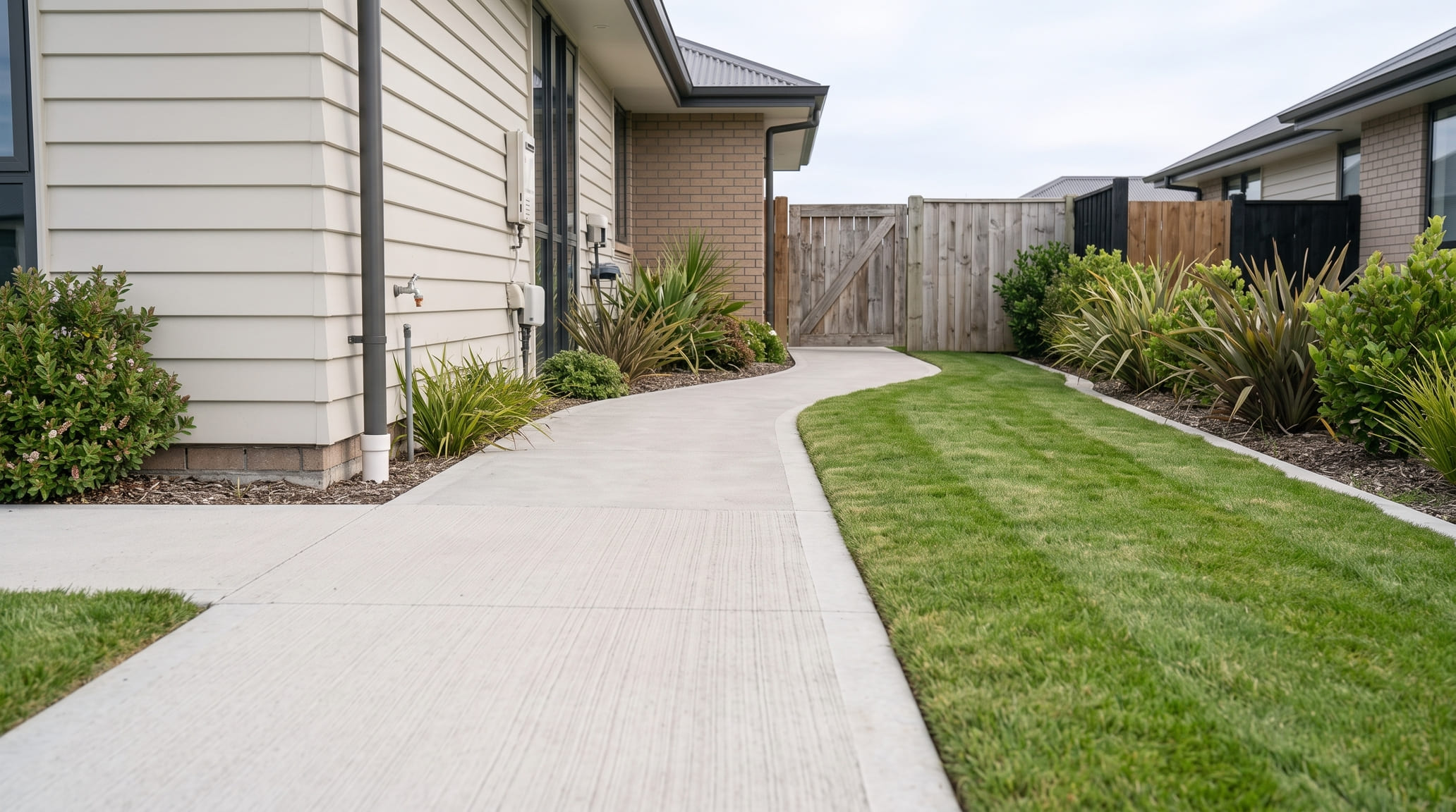 Broom finished concrete path running along the side of a Tauranga house