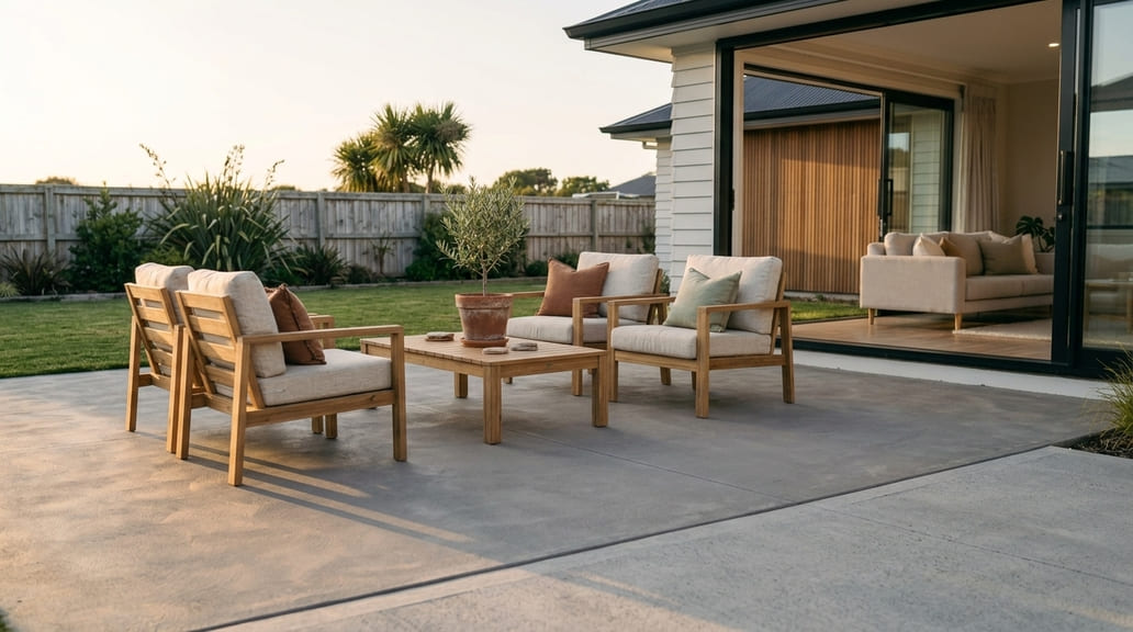 Concrete patio with outdoor lounge furniture at a Tauranga home