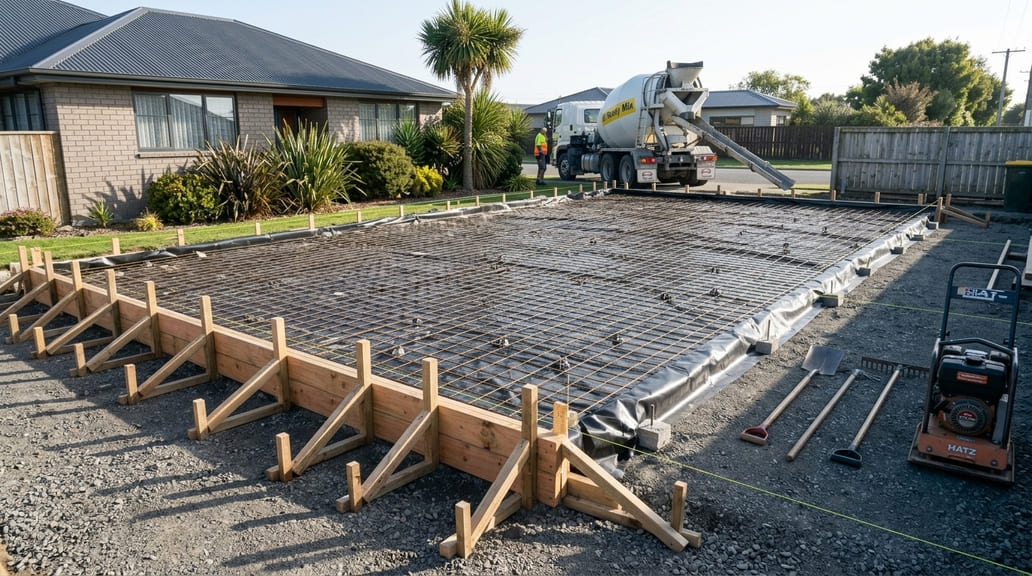 Boxed and steel reinforced concrete slab ready to pour on a Tauranga section
